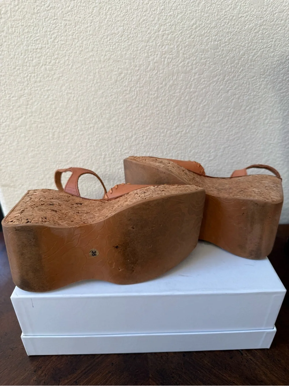 VTG 90s  Sonax Spain Cork Platform Wedge Sandals EU 36 US 5.5-6 Cognac Leather - Picture 14 of 14
